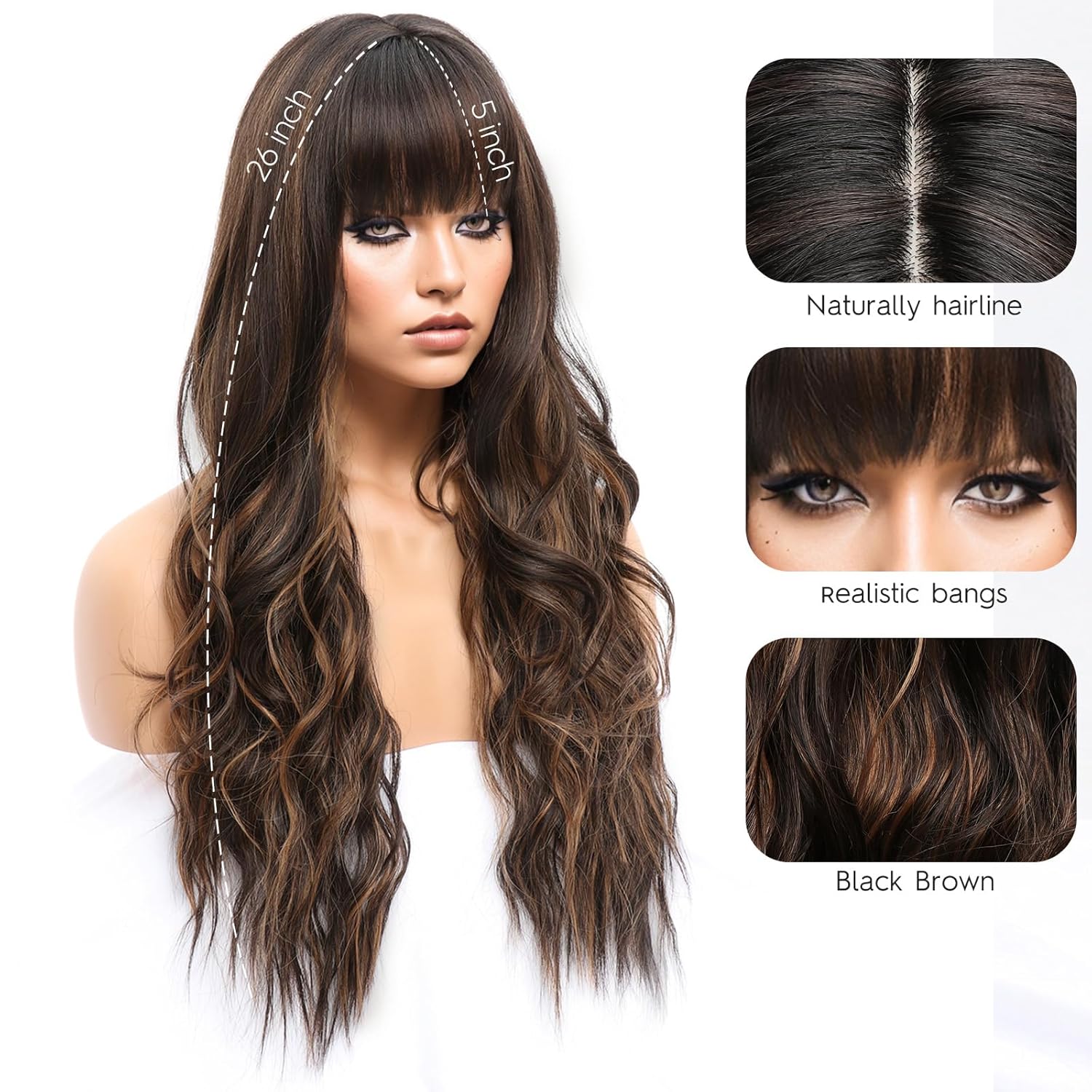 Brown Highlight Wig with Bangs Long Wavy Wig for Women Dark Brown Wigs with Highlights Natural Appearance Heat-Resistant Synthetic Wig Suitable for Fa