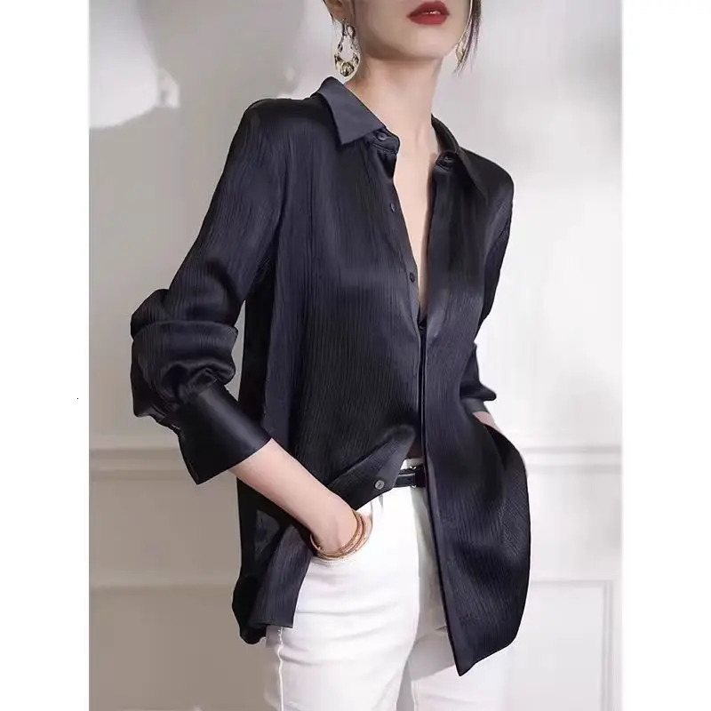 Womens Shirts Spring Black Satin Texture Loose Long-sleeved Blouse Elegant Office Lady Work Wear Fashion Female Clothing 250317