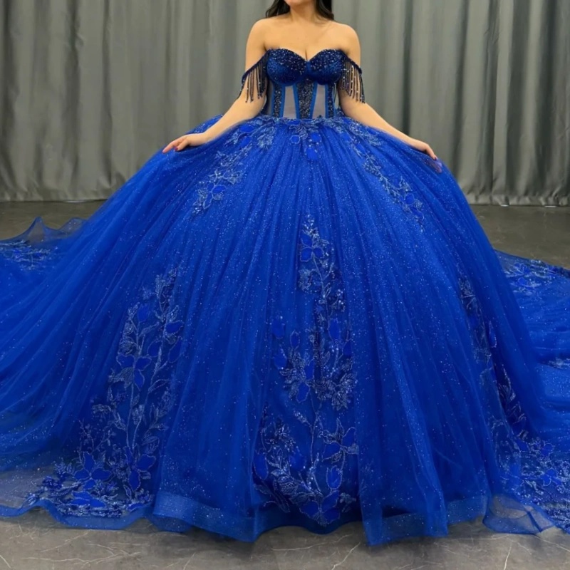 Royal Blue Shiny Princess Quinceanera Dresses Sequin Appliqued Lace Beading Tull Sweet 16 Dress Sweetheart Off Shoulder Ball Gown Vestidos 15 De anos