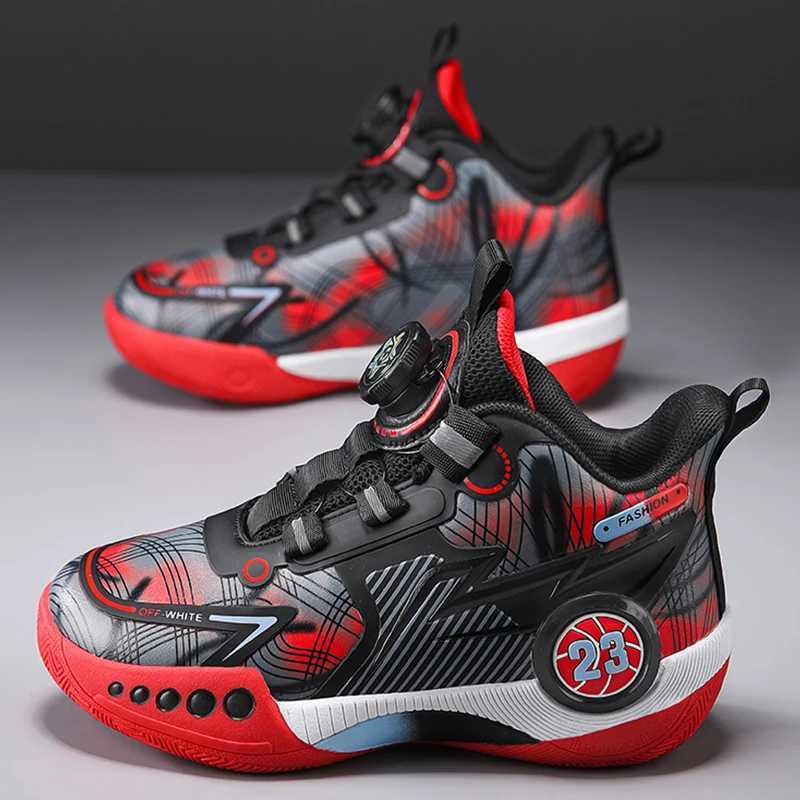 Childrens basketball shoes with leather surface thick sole sports shoes with increased height rotating buckle childrens walking shoes W250324