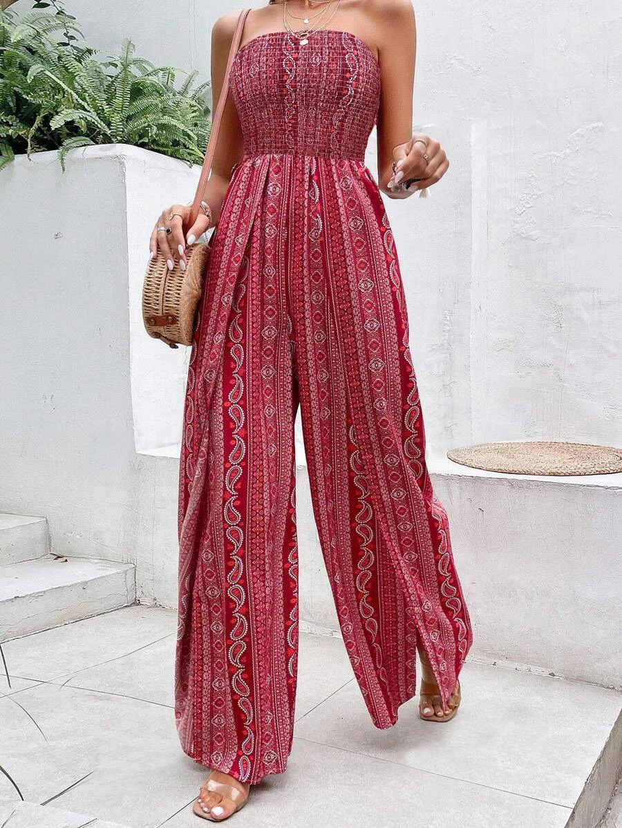Summer womens bohemian print jumpsuit elastic wrapped chest cross n with side seam casual vacation 250324Z