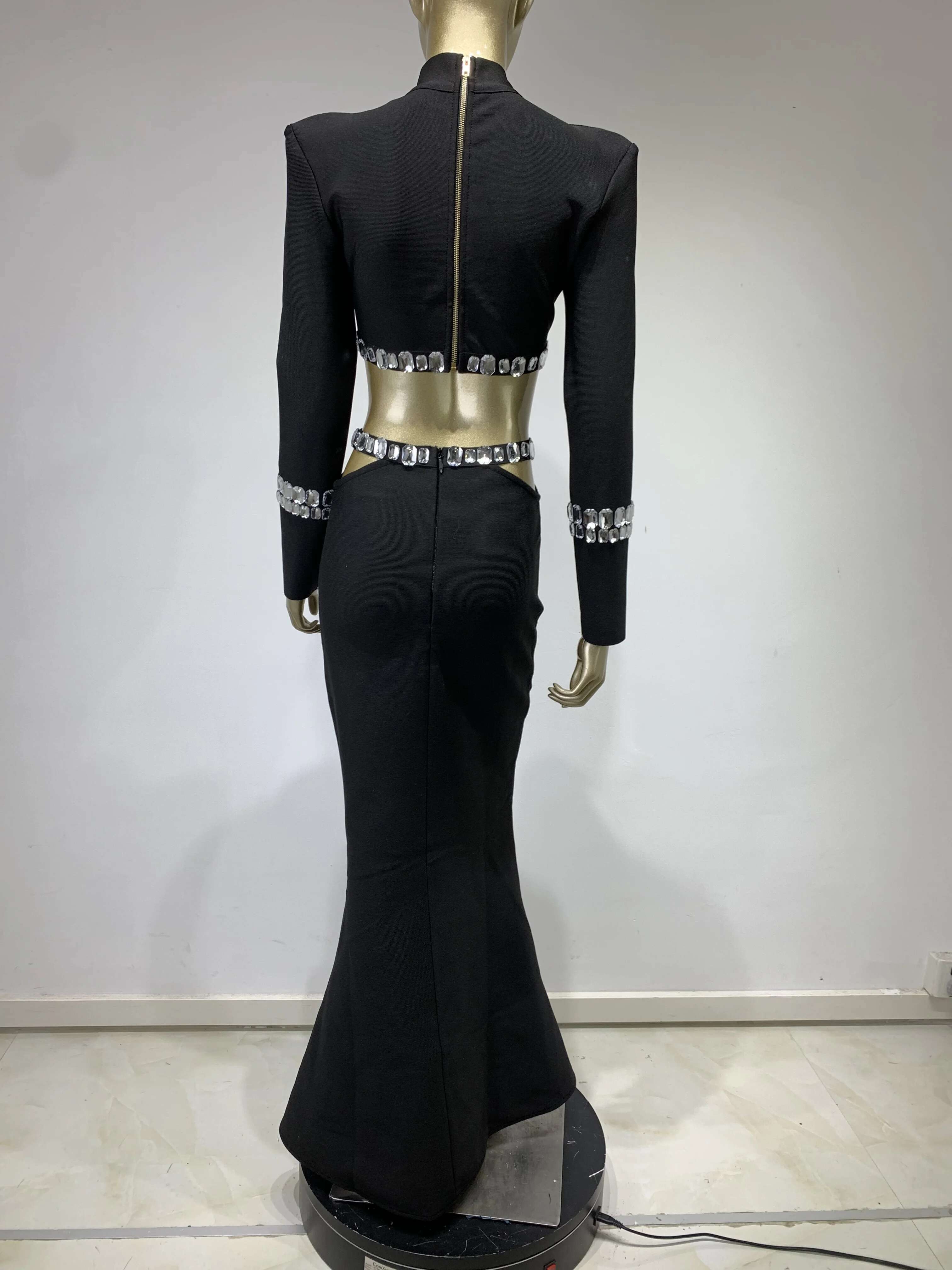 Brand New Women Sexy Long Sleeve Fishtail Black Bandage Maxi Skirt Suit Knitted Elegant Crystal Club Party Two Pieces Set