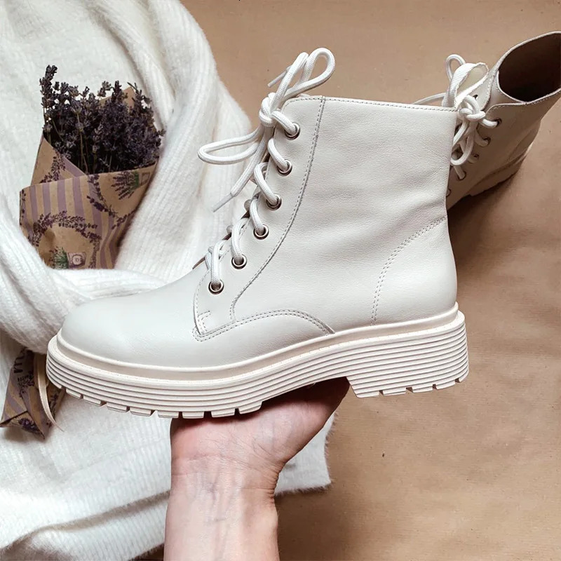 BeauToday Ankle Boot Genuine Cow Leather LaceUp Round Toe Lady Booties Autumn Winter Platform Sole Shoes Handmade 03429 250317