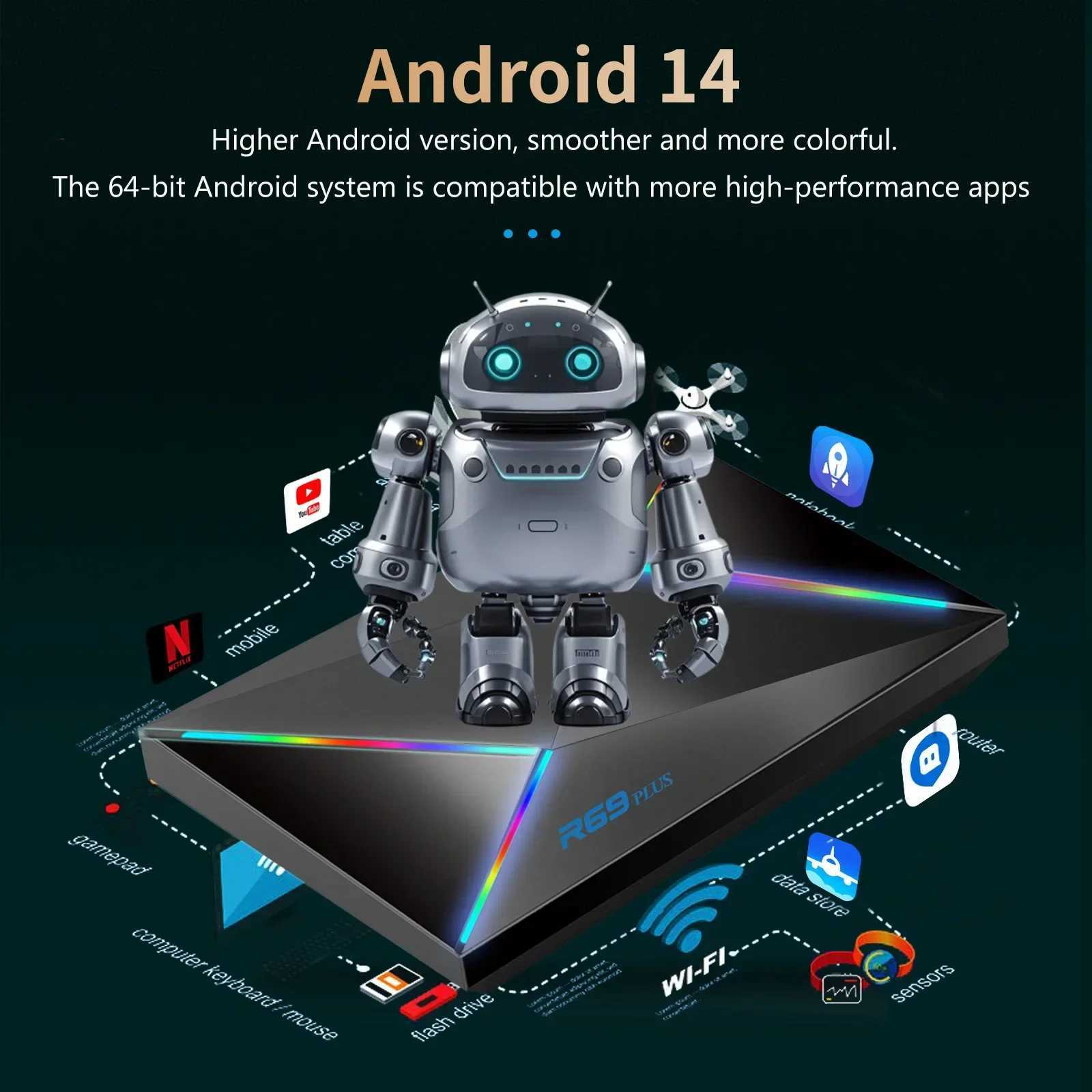 TV Box R69 Plus Android 14 Allwinner H728 Google Voice Wifi 6 Octa Core Cortex A53 8K BT5 NETFLIX 1000M Media Player Set Top Box X250325
