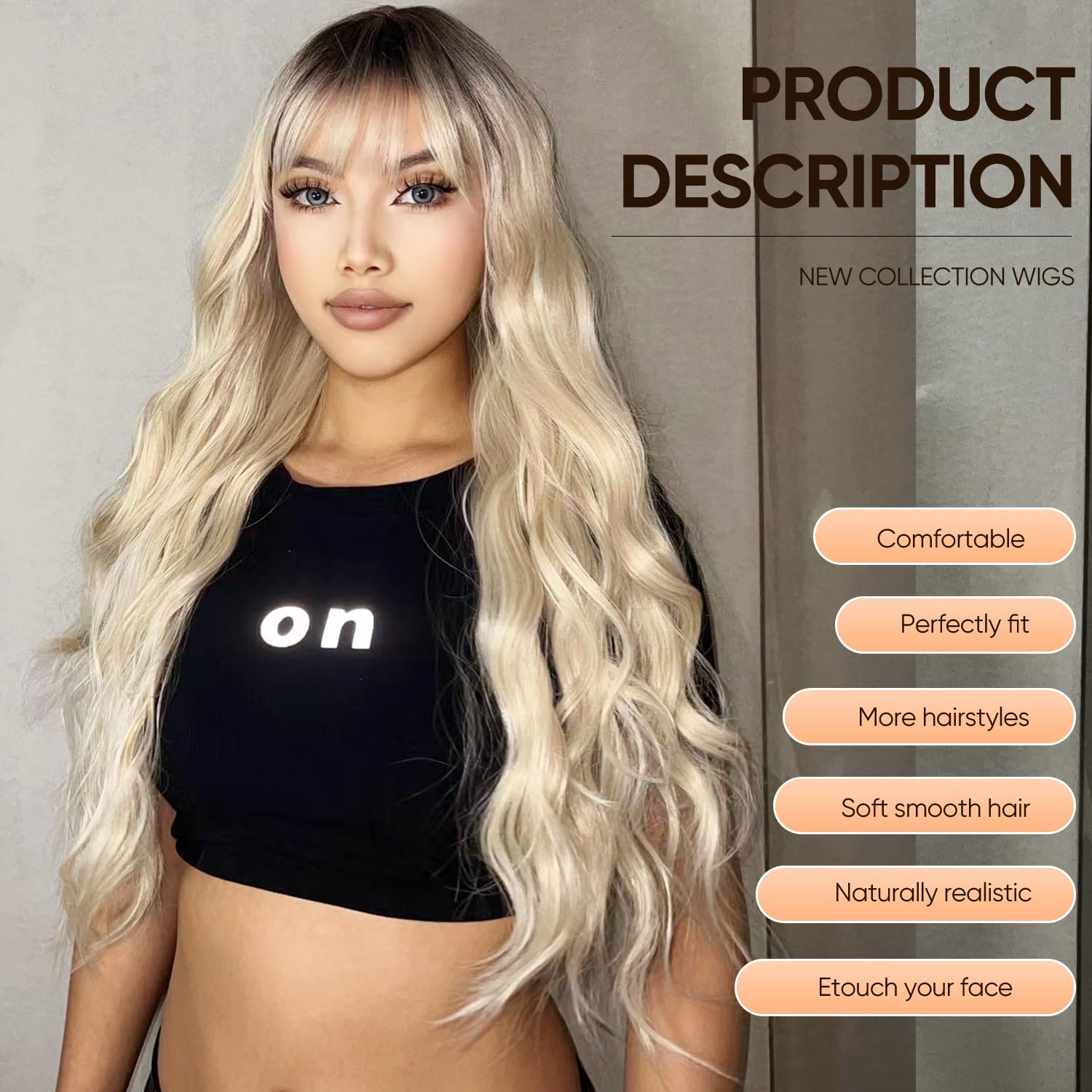 Long Ombre Light Blonde Wig with Bangs Platinum Blonde Wavy Wigs For Women Dark Roots Brown to Blonde Wigs Heat-Resistant Synthetic Wig Suitable for F