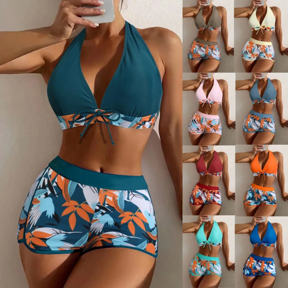 Fashion Printed Swimsuit Women Spliced Lace Up Sporty Surfing Bikini Set Bathing Suit Beachwear Swimwear Female Swimming Suits 250321
