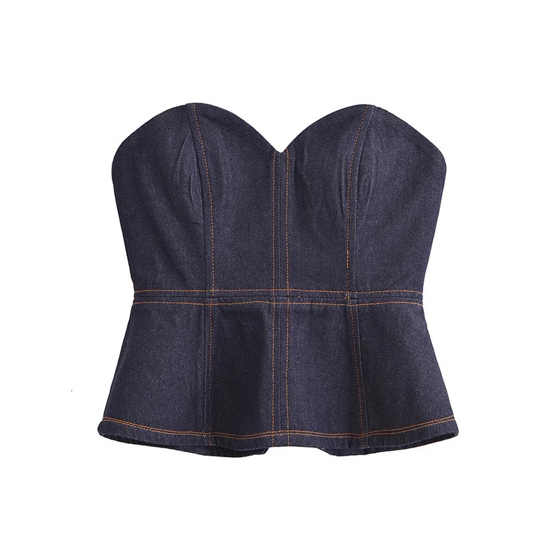 RAFZNB Womens Denim Strapless Tops Fashion Sexy Backless Sleeveless Short Top Female Bustier Tops 250325