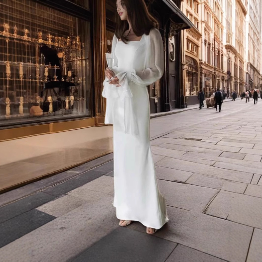 MU5245 A3 high quality new French style square neck splicing mesh slightly transparent trumpet sleeve waist slim color fishtail dress