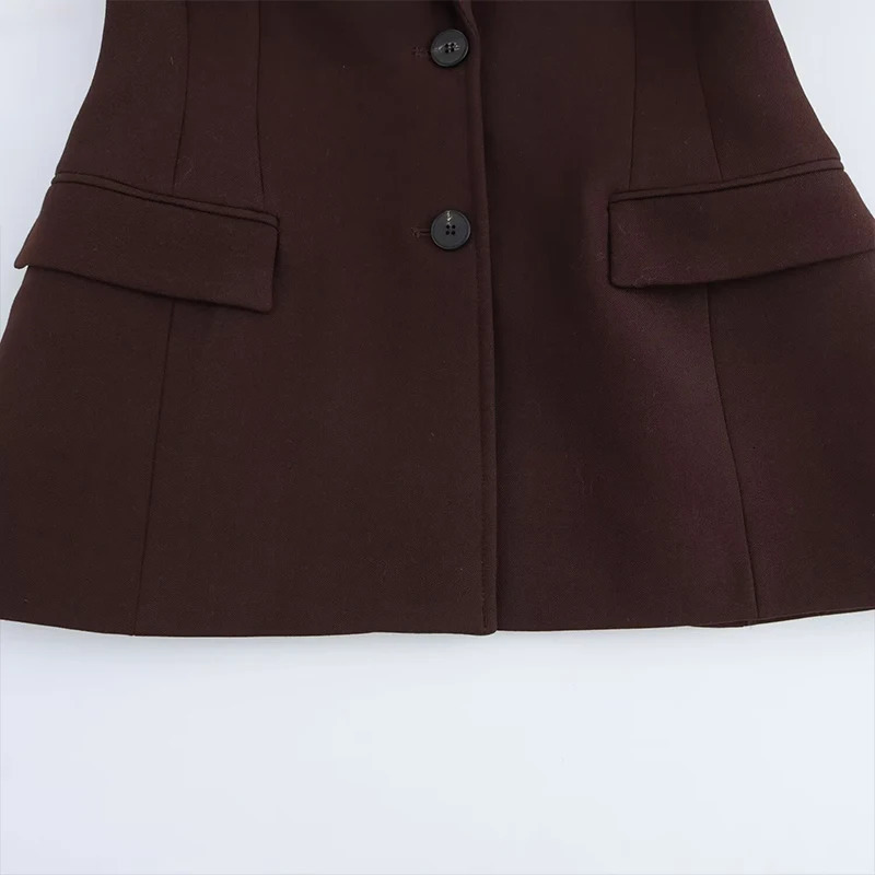 Willshela Women Fashion With Pockets Brown Single Button Blazer Vintage Notched Neck Long Sleeves Female Chic Lady Outfits 250321