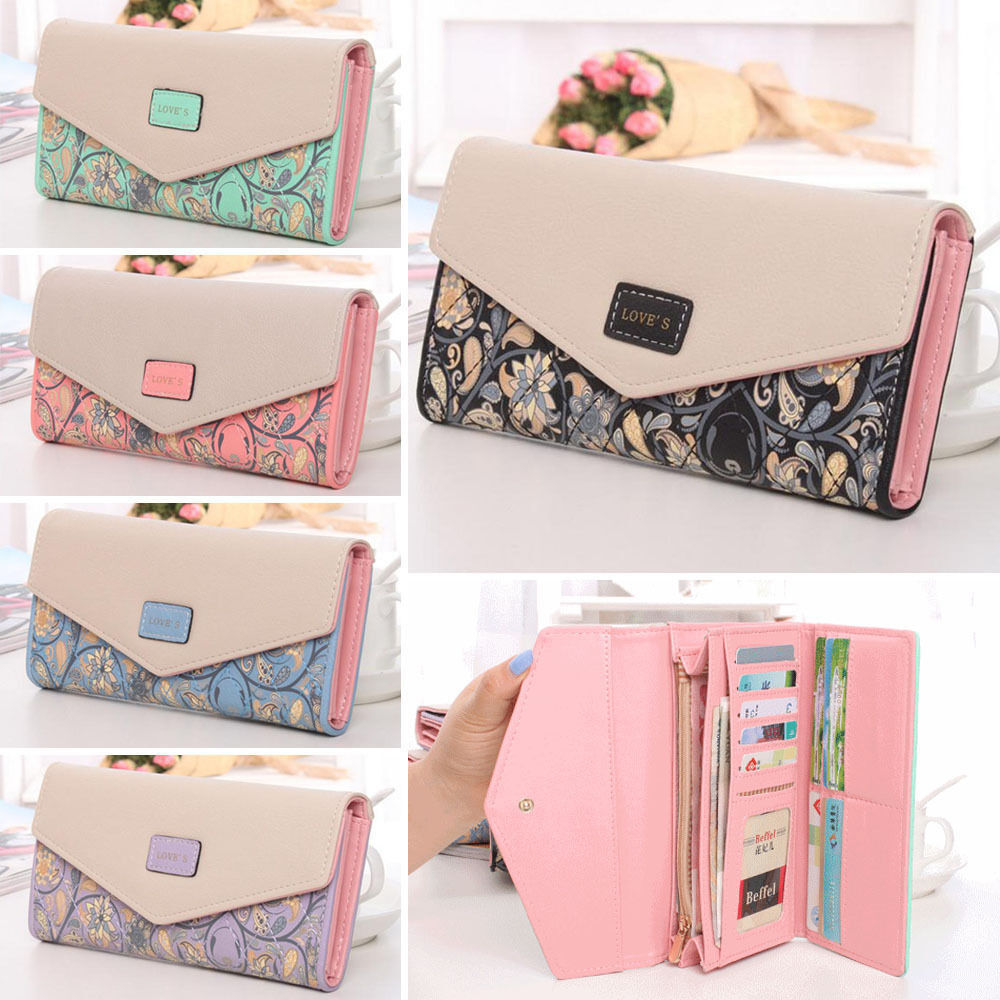 Floral Print Long Wallet For Women, Credit Card Holder, Coin Cash Phone Tri-fold Purse Envelope Handbag