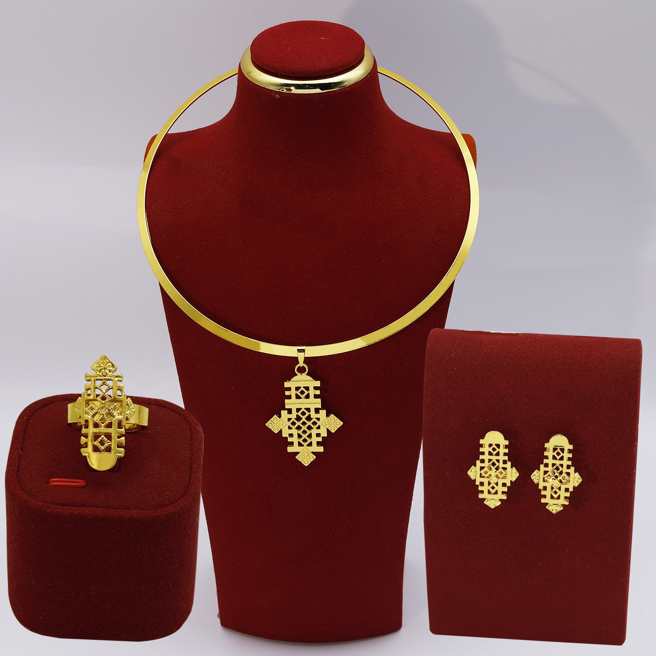 Copper plated 24K gold cross necklace ring pendant earring set Dubai bride wedding jewelry 230313