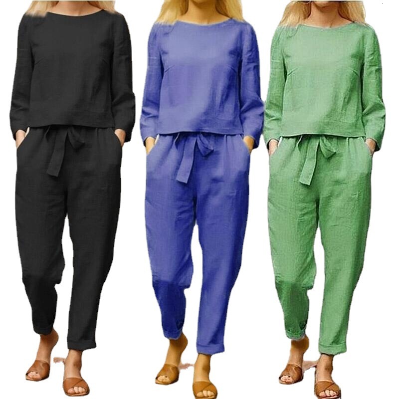 Women's Cotton En Autumn Cotton And Linen Casual Two-Piece Set