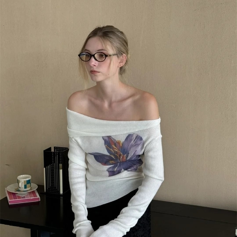 Women Clothing Autumn Floral Print Sexy Off Shoulder Slim Basic T-shirt Y2K Female Asymmetrical Long Sleeve Ribbed Knitted Tops 250324
