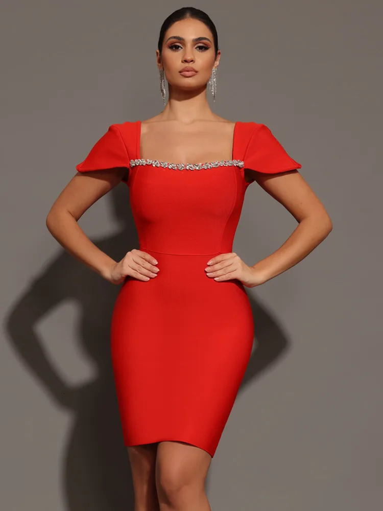 Womens Celebrity Sexy Square Neck Black Red Mini Body Bandage Dress Knitted Elegant Nightclub Party Set 250322
