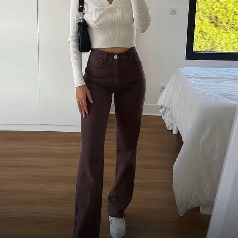 TRAF Womens Jeans Brown High Waist Pocket Vintage Bag Long Casual Pants Spring Trouser Street Clothing 2025 Summer 250324