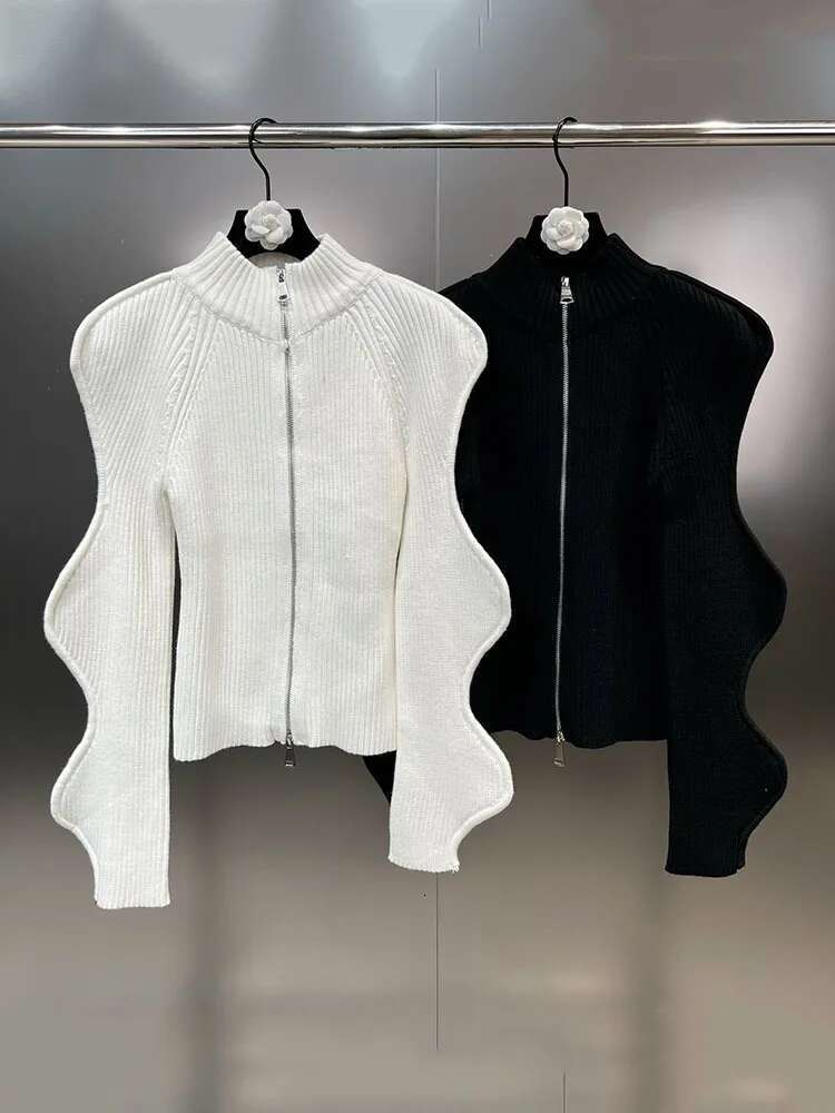 Fashion Women's Irregular Wave Edge Knitted Cardigan Autumn Stand Collar Long Sleeve Zipper Sweater Female