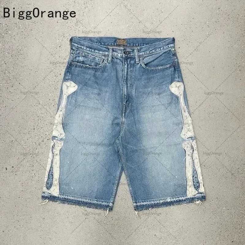 Bone Embroidered Retro Casual Cowboy Shorts Summer Outdoor Pants 2025 European and American Street Y2K Men and WomenT250324