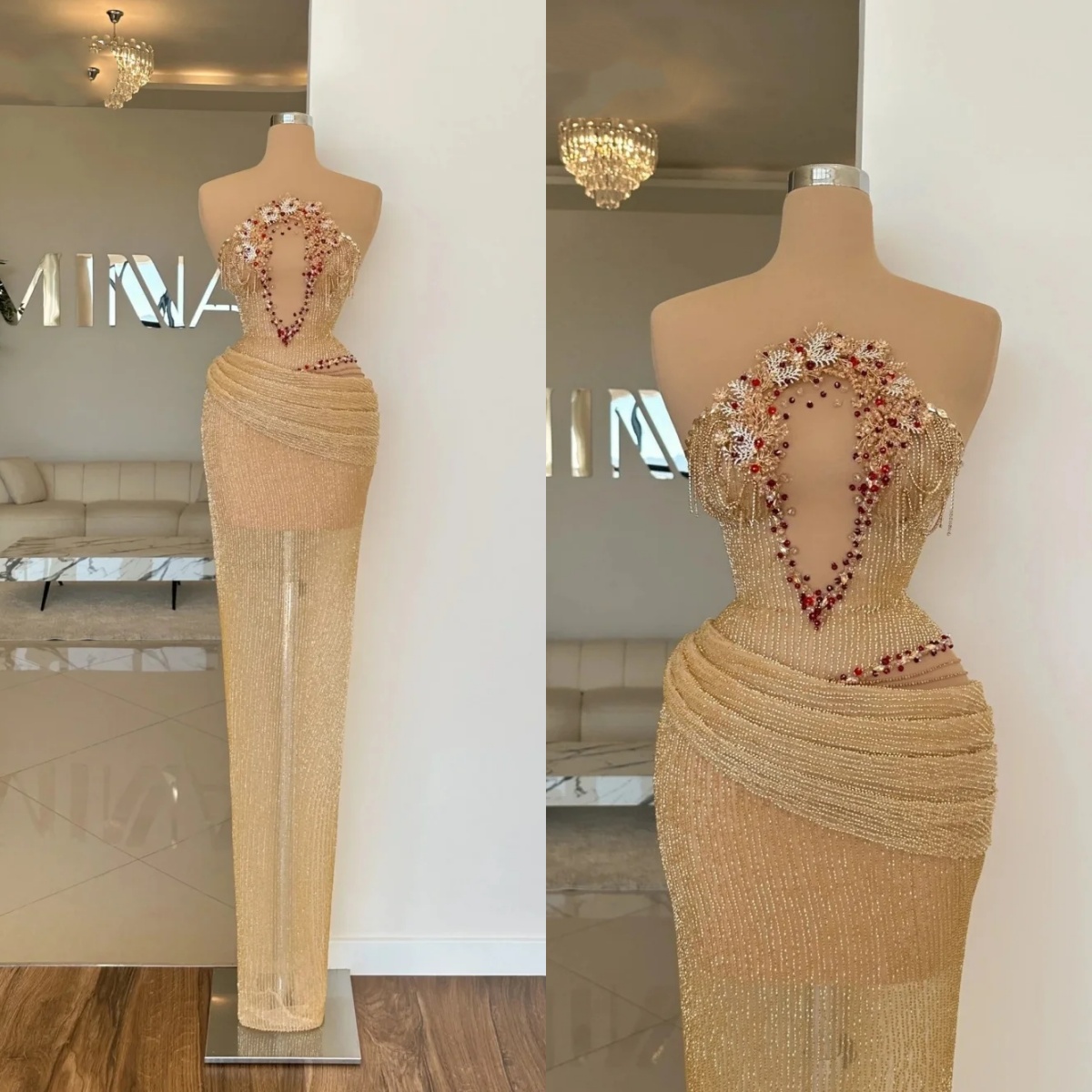 Sexy Mermaid Evening Dresses Sheer Neck Sleeveless Gown Sequins Lace Beaded See Through Sweep Train Party Customized Dress