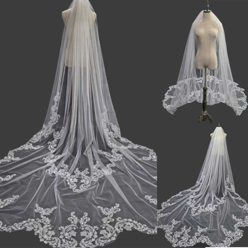Graceful 2 Meters White Ivory Wedding Veils with Appliques Long Lace Edge Bridal Head Veil with Comb For Marriage Bride Women's Accessories Custo