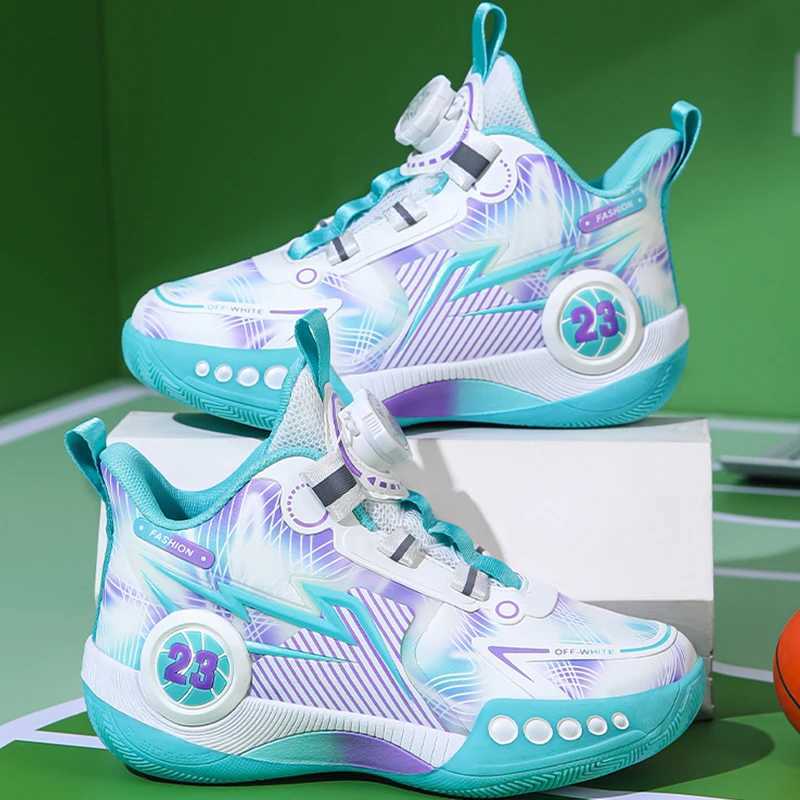 Childrens basketball shoes with leather surface thick sole sports shoes with increased height rotating buckle childrens walking shoes W250324