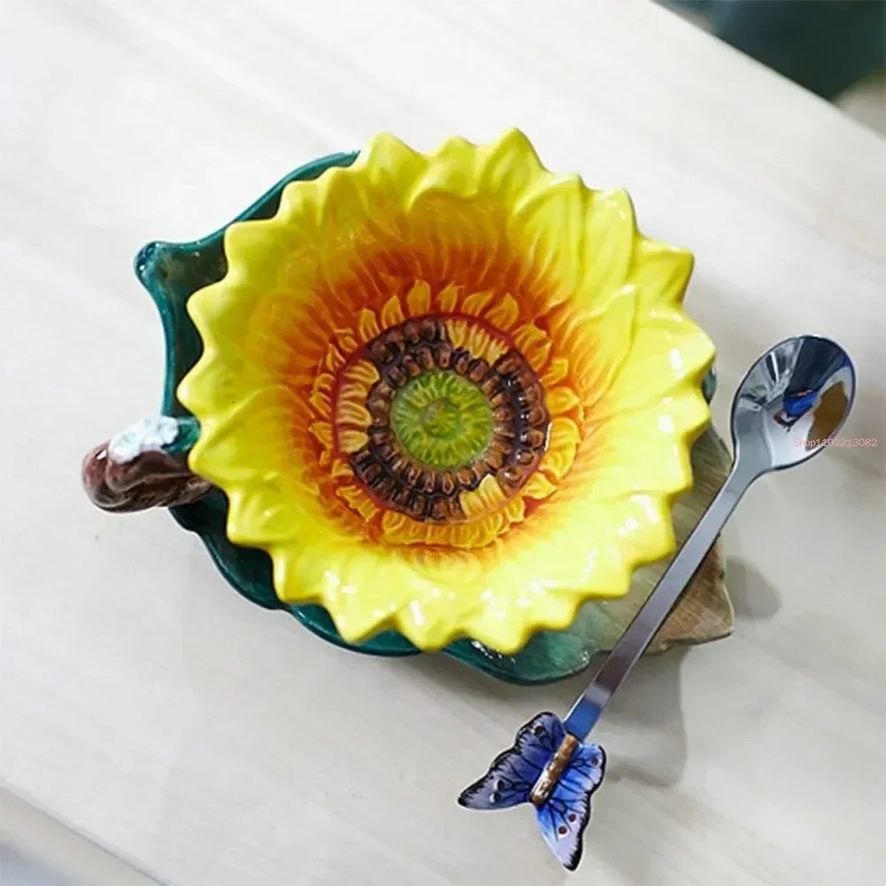 Creative Sunflowers Roses Ceramic Cups Family Afternoon Tea Coffee Cup SetElegant French Tea Set MugsButterfly Spoon 250325
