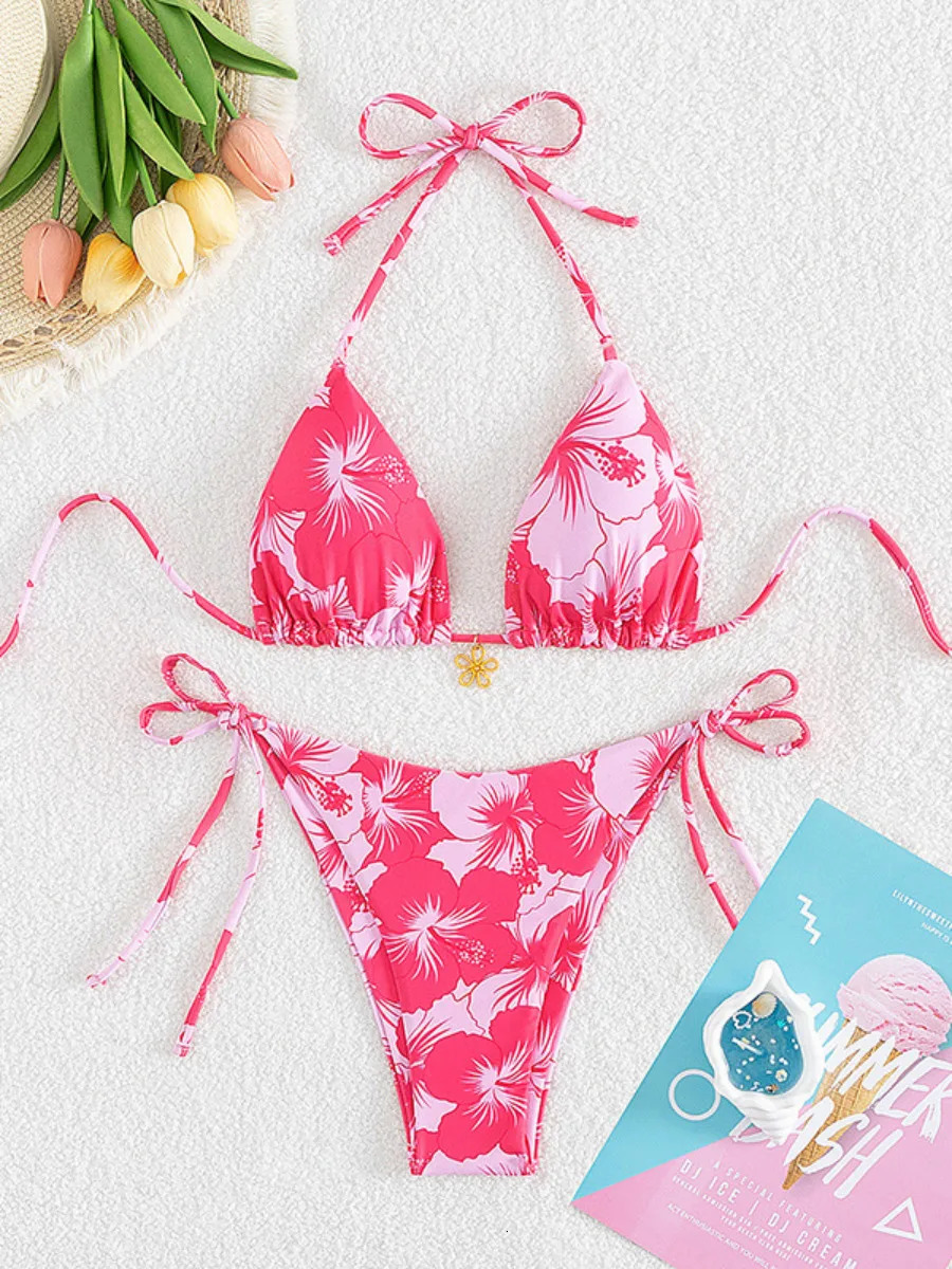 Bikini Set Womens Print 2 Piece Swimsuit Sexy Laceup Triangle Halter Backless Swimwear Beach Vacation Bathing Suit 2025 250321
