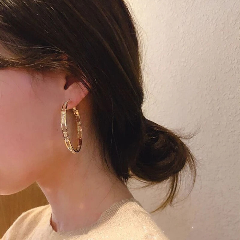 Charm Fashion Gold Geometric Hollow Circular Ring Earrings Stainless Steel Zircon Pendant Party Jewelry Gift 250313