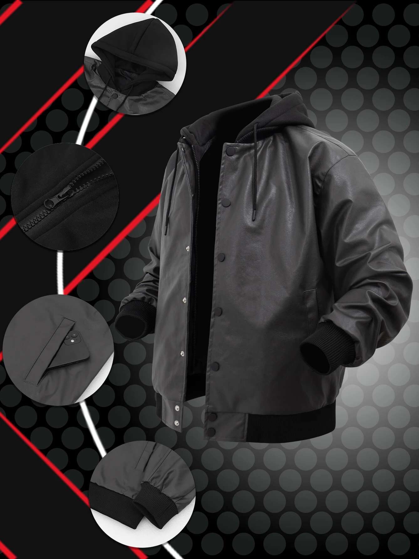 Men's Vintage Jackets Black False Two-Piece Hooded Pu Coats Loose Faux Leather Motorcycle Boomber Jacket For Fall&Winter