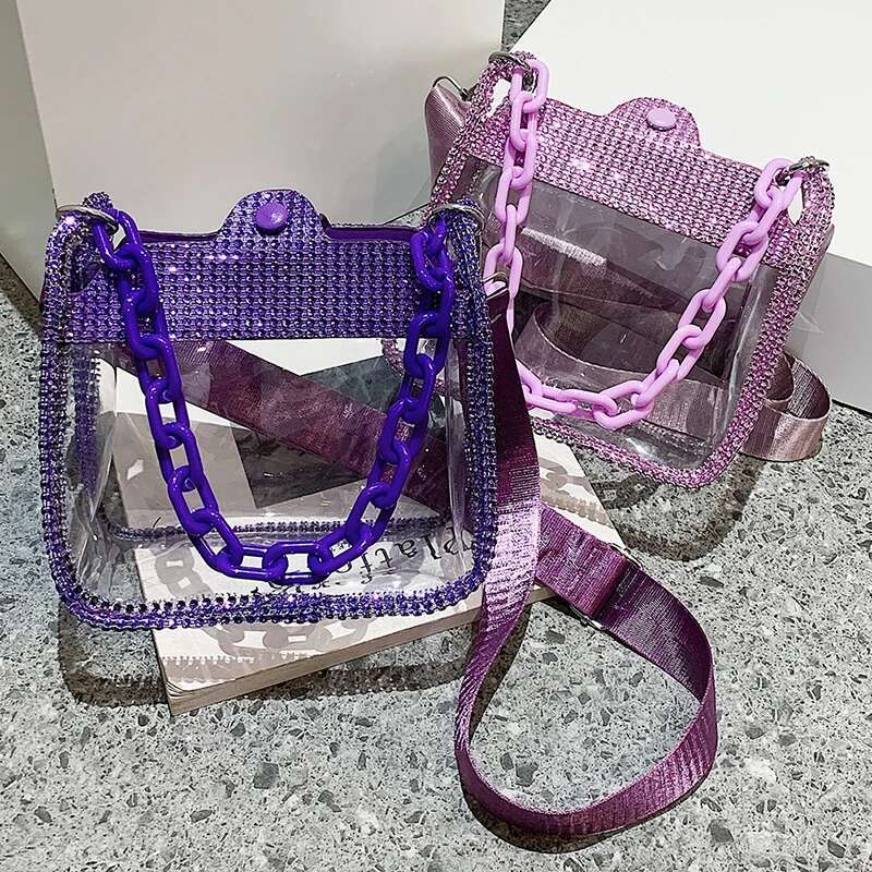 PVC Transparent Diagonal Shoulder Bag Rhie Thick Chain Women's Designer Handbag Fashionable Jelly Summer Beach Handbag