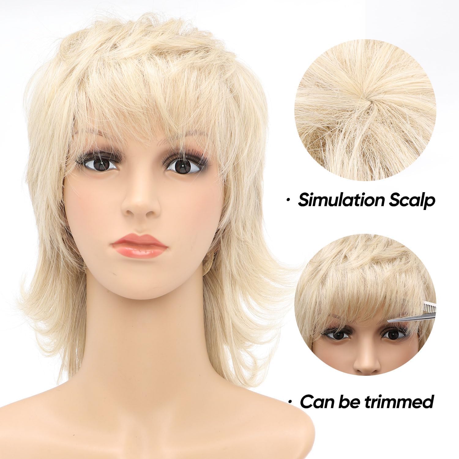 Short Blonde Wig Shaggy Layered 80s Mullet Blond Wig Pixie Cut Wig With Bangs Curly Synthetic Natural Fake Hair Replacement Wigs for White Women Daily