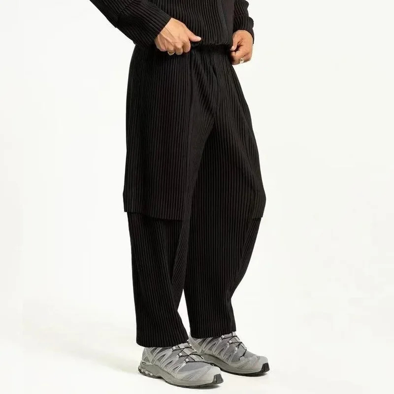Miyake pleated work pants loose Japanese original solid 2025 spring layered n casual nine minute for men 250322