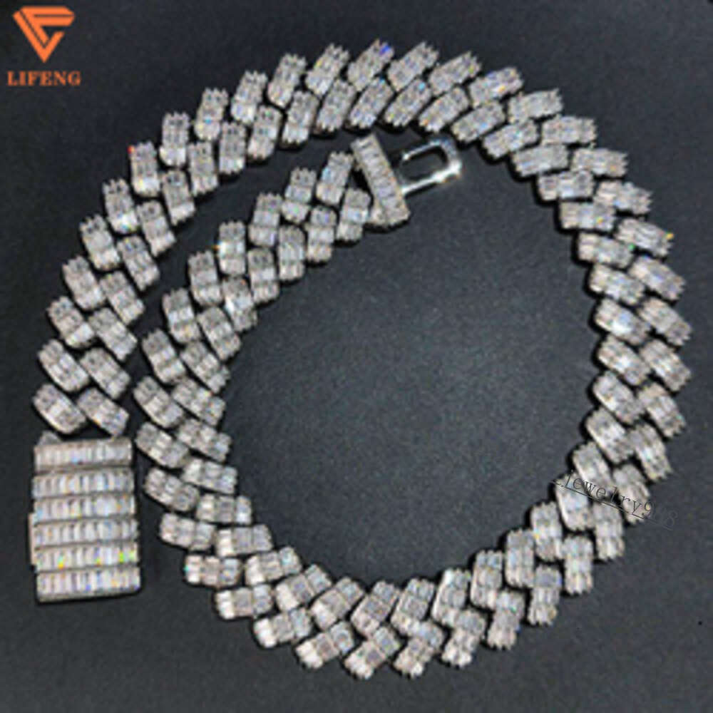 Custom Hiphop Jewelry 3 Row Baguette Diamond 14mm Miami Cuban Link Chain Vvs Moissanite 925 Silver Cuban Chain Necklace for Men