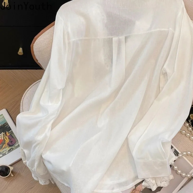 Camisas De Mujer white long sleeved shirt womens shirt patch work lace fashion shirt see through oversized sexy top 250322
