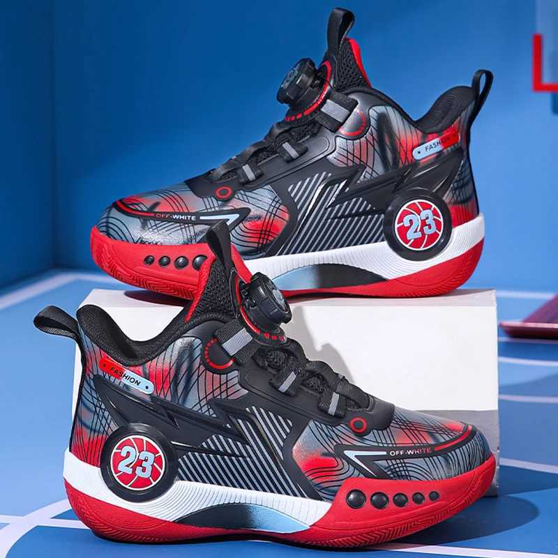 Childrens basketball shoes with leather surface thick sole sports shoes with increased height rotating buckle childrens walking shoes W250324