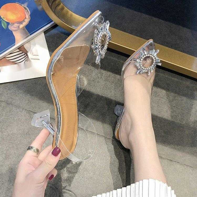 Summer New Korean Diamond Transparent Crystal Shoes High Heeled Sandals Thin Heeled Womens Shoes Large 41