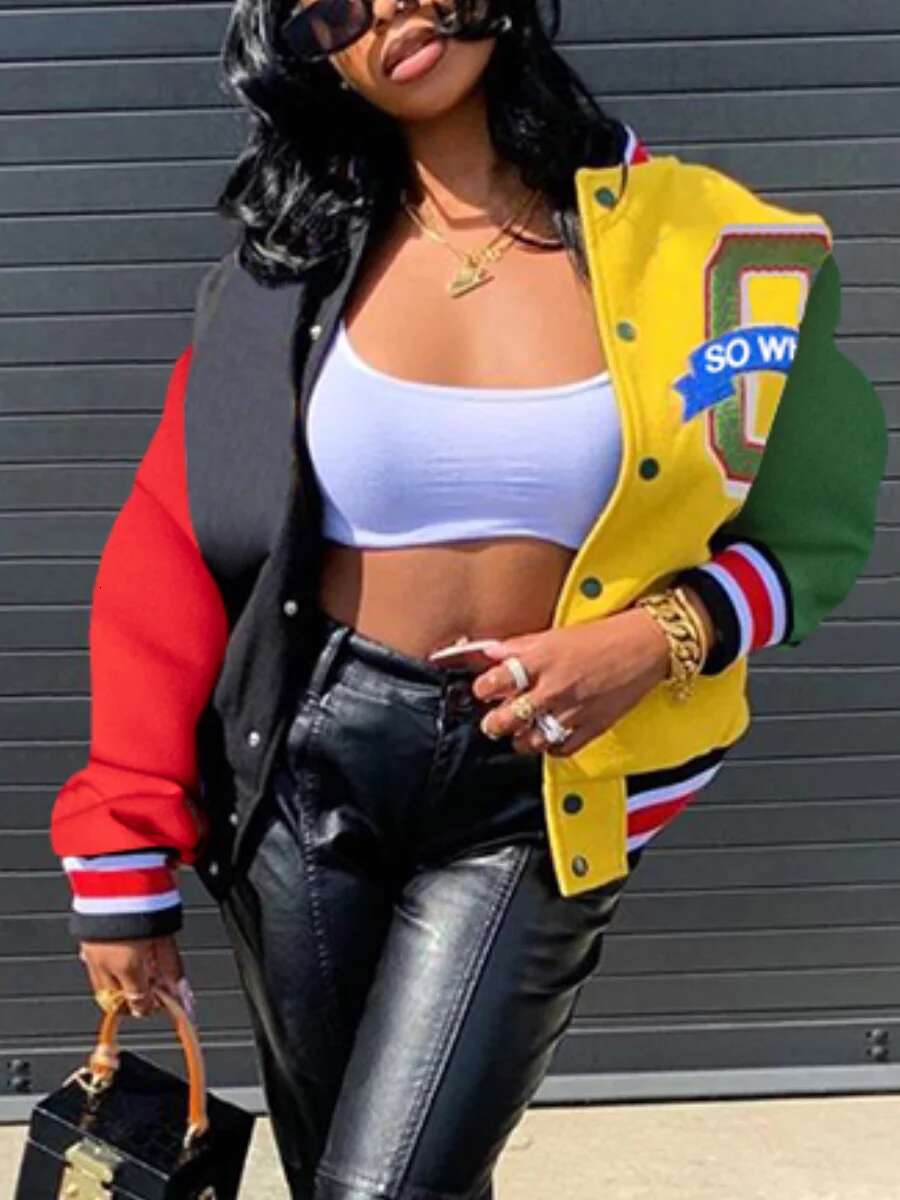 LW Casual Letter Print Patchwork Varsity Jacket Appliques Round Neck Regular Fit Women Y2k Style Fall Coat