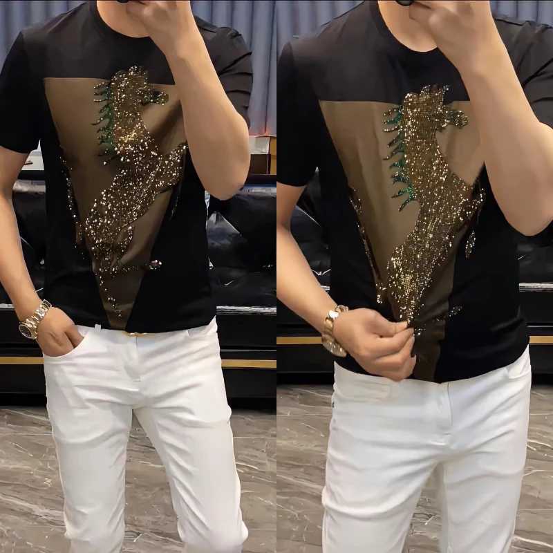 Mens fashion ultra-thin silk full matching plus size T-shirt summer new print black intelligent casual top retro mens clothing W250324
