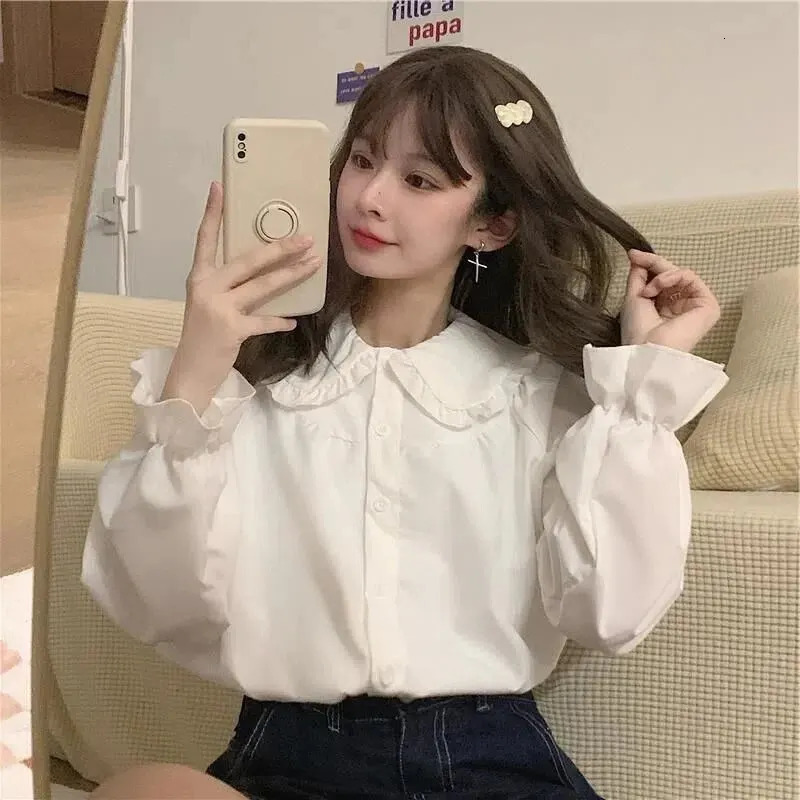 Gidyq Retro Womens White Shirt Preparatory Style Fashionable and Elegant Womens Long Sleeve Shirt Y2K Sweet Kavay Full Match Shirt 250322