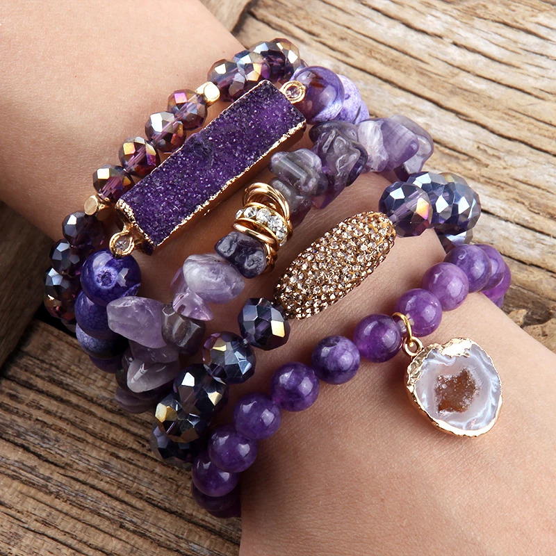 Fashion er Gemstone Crystal Glass Beaded Bracelet Sets Druzy Charm 5pc Stack Bracelet Bracelets Set For Women Jewelry Gift 250318