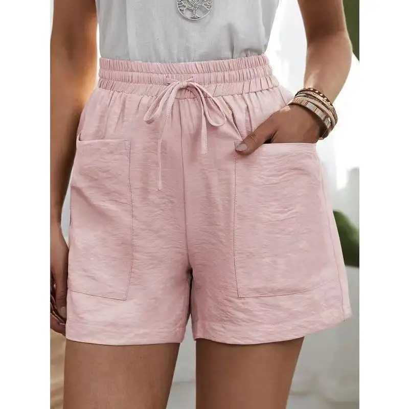 Linen womens summer shorts casual elastic waist white shorts solid basic loose wide leg linen womens high waist shorts W250324