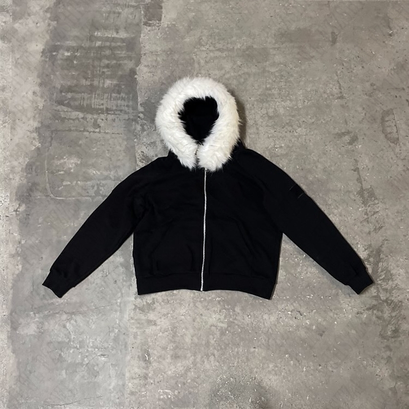 Y2K Zip up Hoodie Solid color Plush Coat Men Clothes Fur collar Hip Hop Streetwear Harajuku American Style Hooded Sweatshirt Top 250324