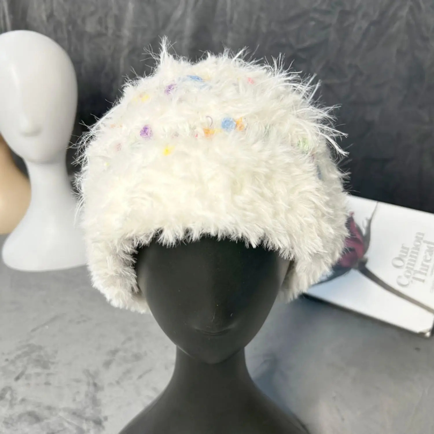 outdoor thickened warm Rainbow Bean Fisherman Hat White Solid Fluffy fishing knit hat for ladies Winter 250320