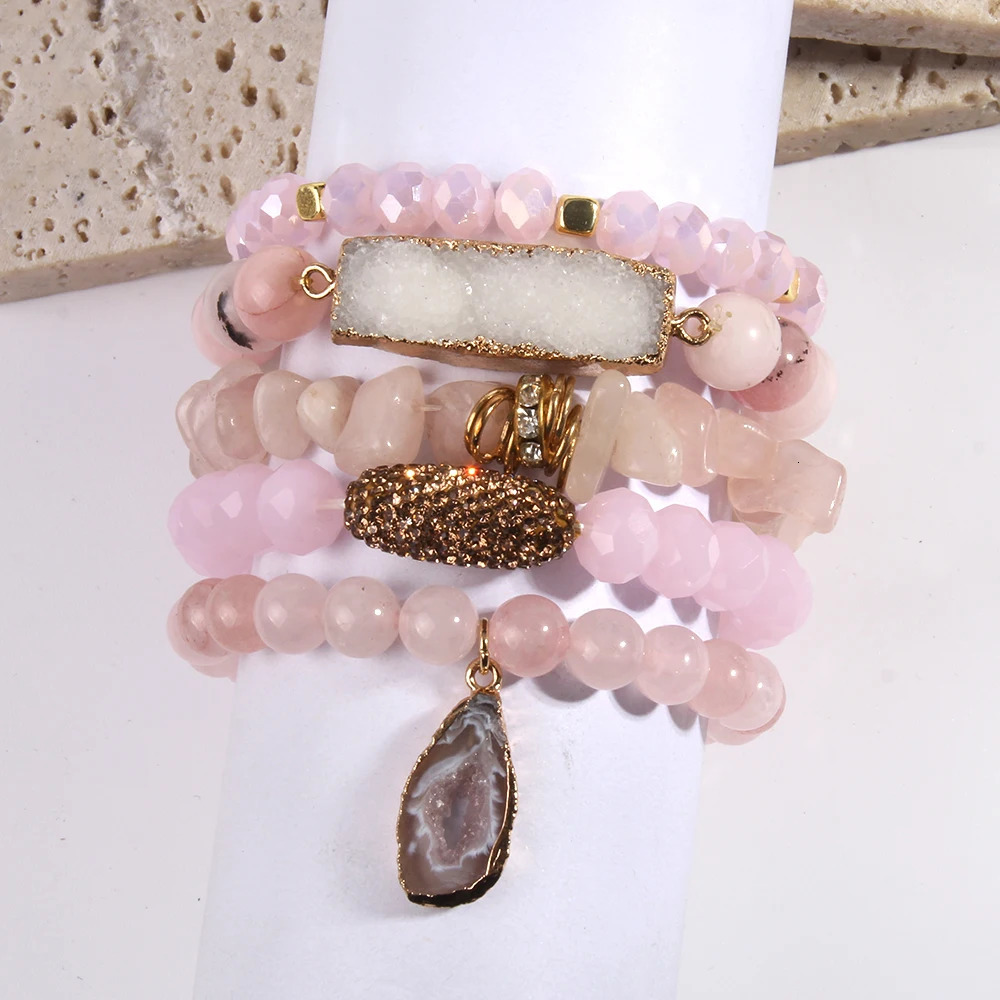 Fashion er Gemstone Crystal Glass Beaded Bracelet Sets Druzy Charm 5pc Stack Bracelet Bracelets Set For Women Jewelry Gift 250318