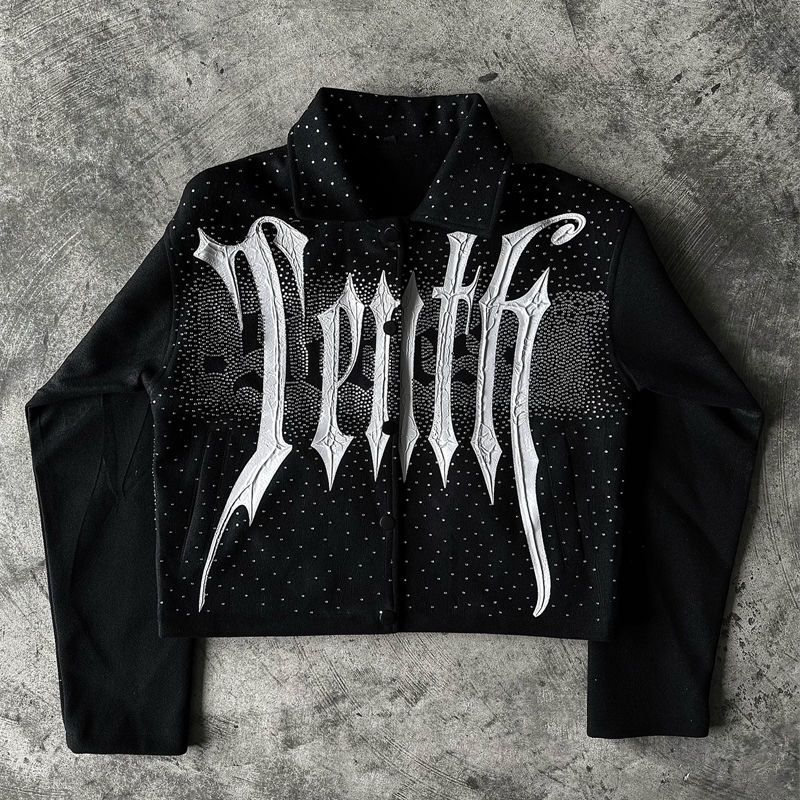 Streetwear Tenthseries Jackets Y2K Baseball Jackets Mens Womens Rhinestone Lettering Oversized Jackets Lapel Zipper Coats 250325
