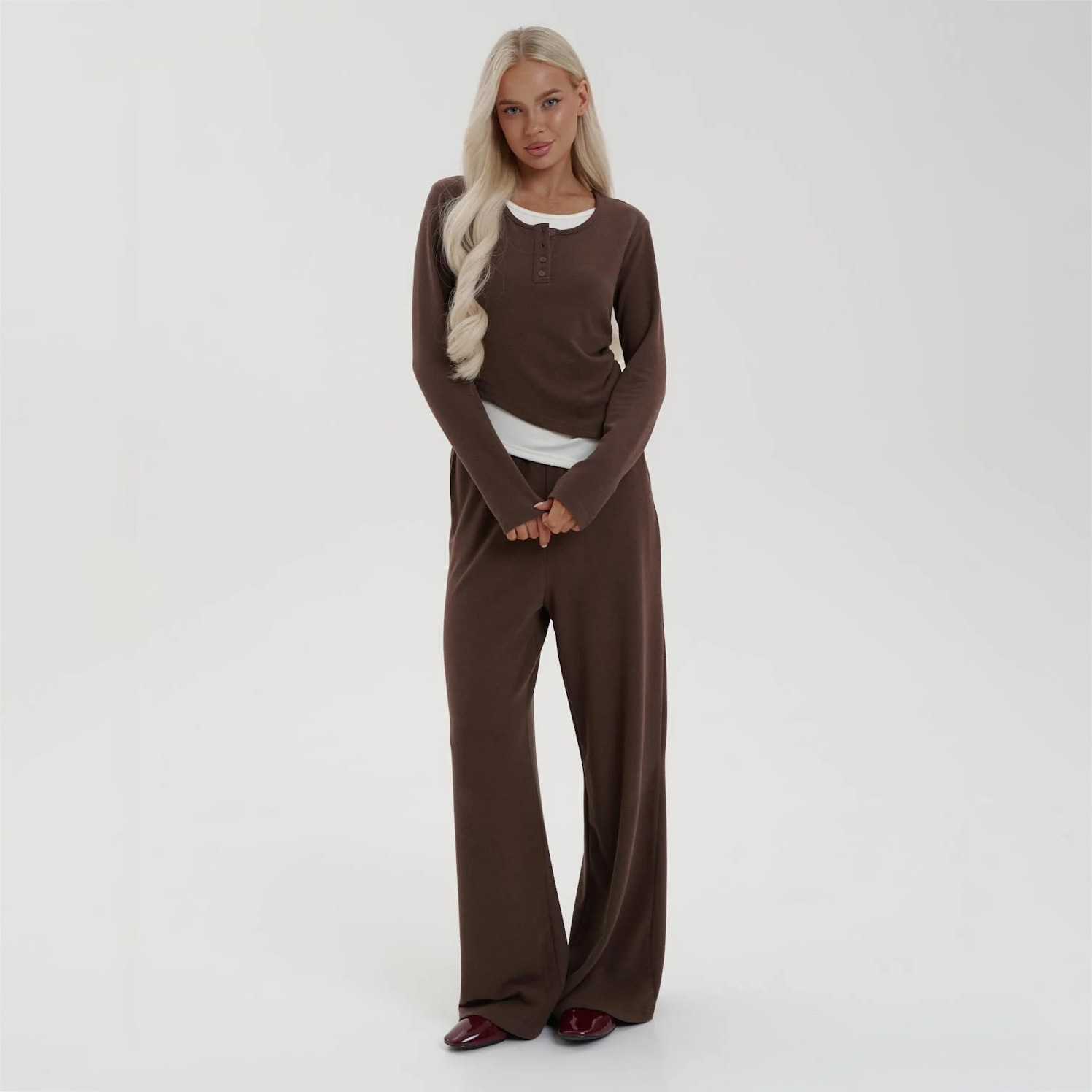 Lazy style splicing casual two-piece with pleated irregular hem top, straight leg pants, new set for women