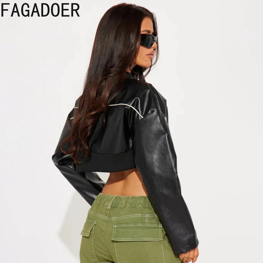 FAGADOER Y2K Leather Jacket Womens Black Letter Printed Motorcycle Punk Coat Zipper Cut Jacket Girl Street Clothing 250322