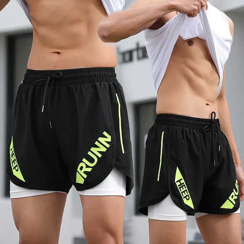 Mens double-layer casual sports shorts breathable dry fitness pants compressed double-layer elastic legs W250324