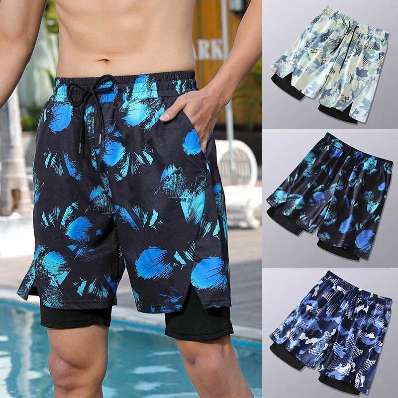Mens double-layer casual sports shorts breathable dry fitness pants compressed double-layer elastic legs W250324