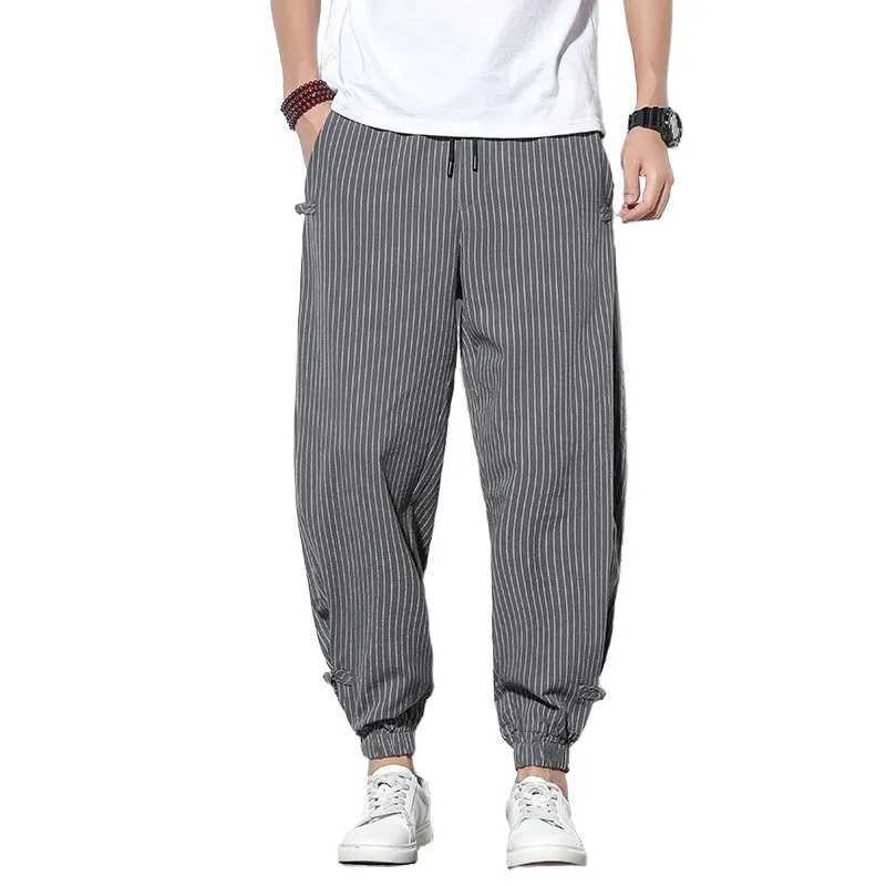 Mens Summer Casual Pants Spring/Summer Mens Striped Pants Loose Belt Sports Pants Summer Linen Cut Pants W250324