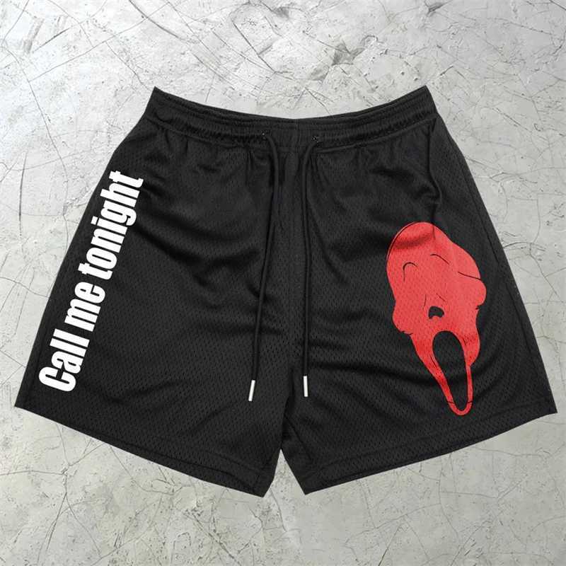 Mens sports and fitness shorts Gothic ghost print 5-inch quick drying breathable shorts with pockets for training and running activities W250324